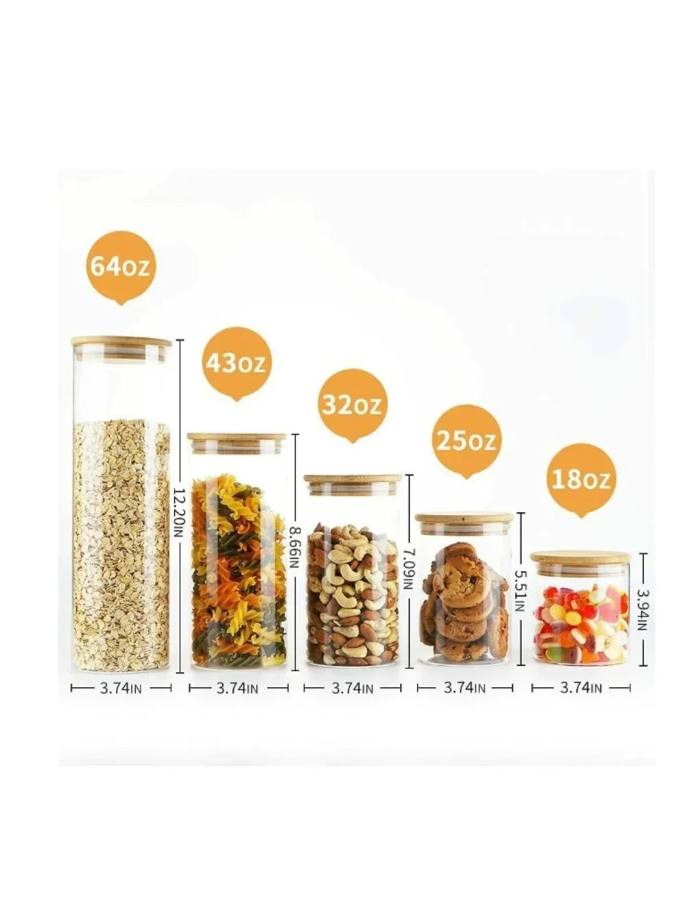 EMICA HOME Set of 5 Glass Food Storage Jars Bamboo Lids - NEW NIB